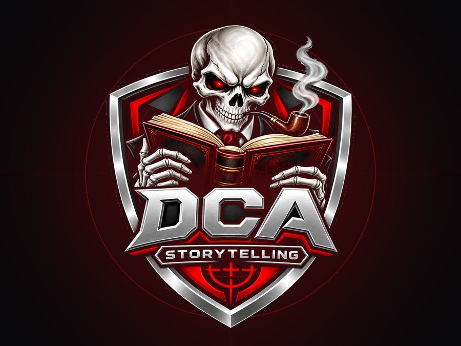 DCA Storytelling: skull reading a book with a pipe on the Dead Center Apps shield