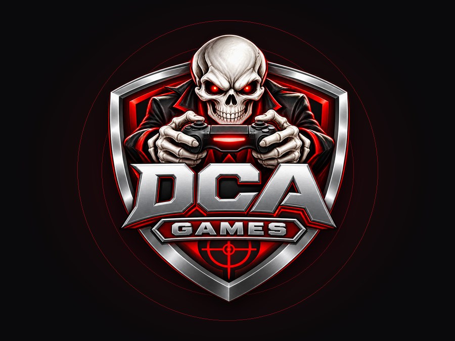 DCA Games: skull in a suit gripping a game controller on the Dead Center Apps shield